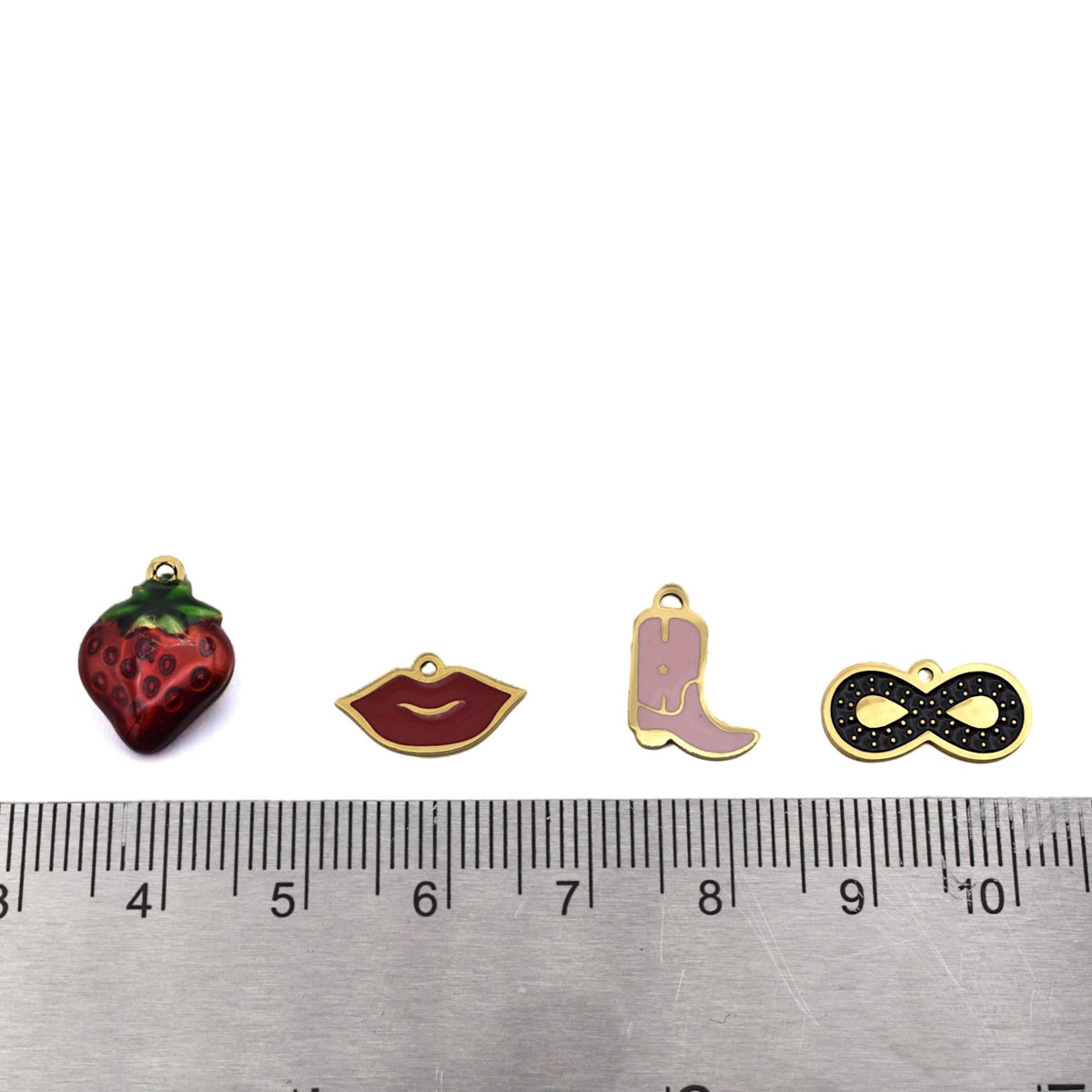 Gold Plated Findings Enamel Charm Set: Glossy Pastel Cowgirl Boot, Red Lips - Hard Enamel, Gold Tone Edging, Mixed Theme Charms
