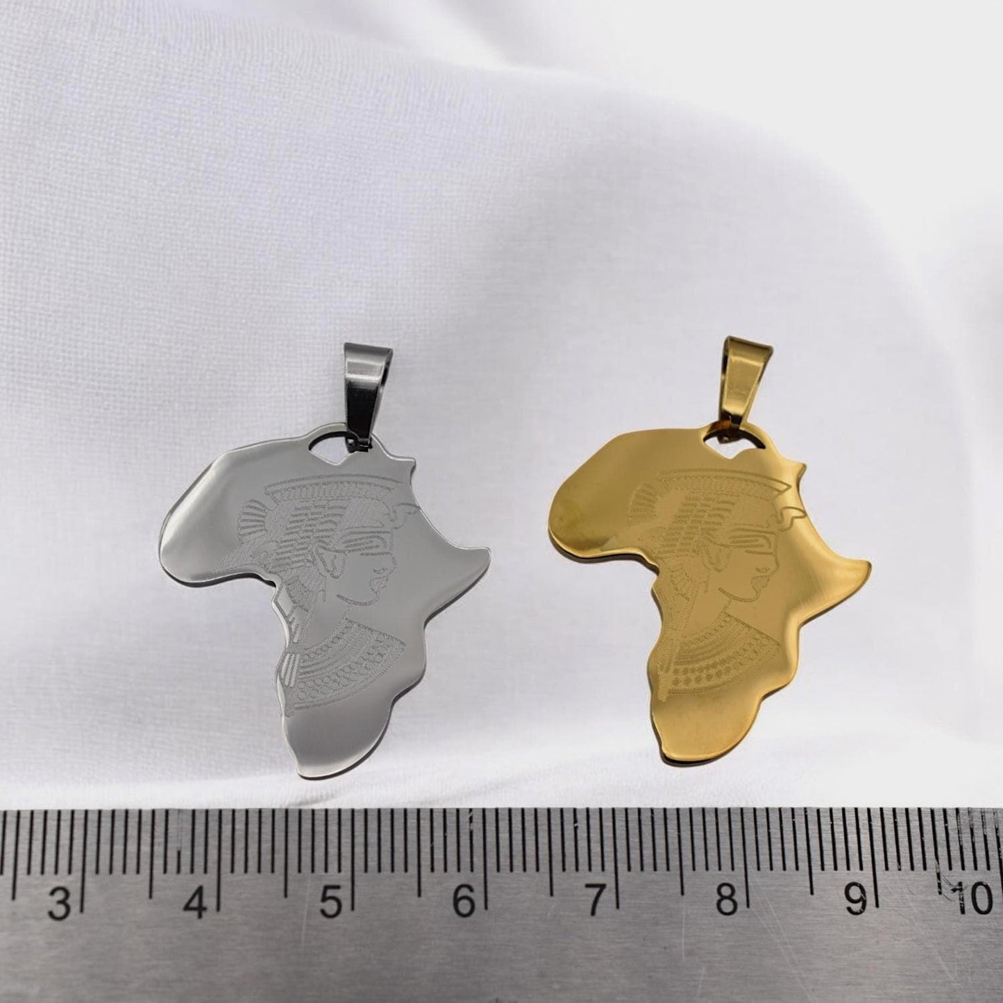 Africa Map Pendant Necklace Afrocentric Charm, Cleopatra Engraving (27x37mm, Gold & Silver Tone Stainless Steel)