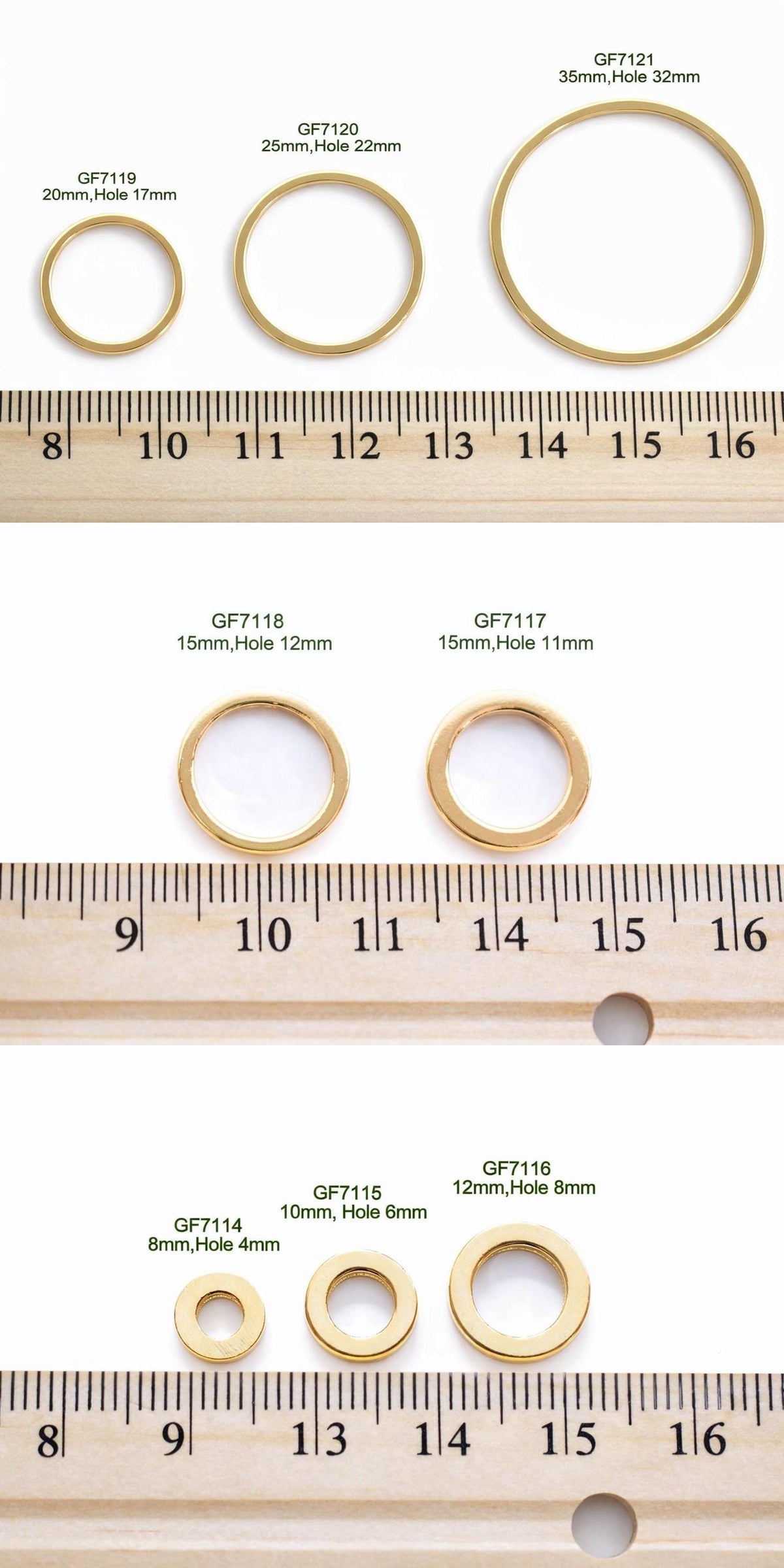 Set of square gold rings fanned out to show size variety from 8mm to 35mm