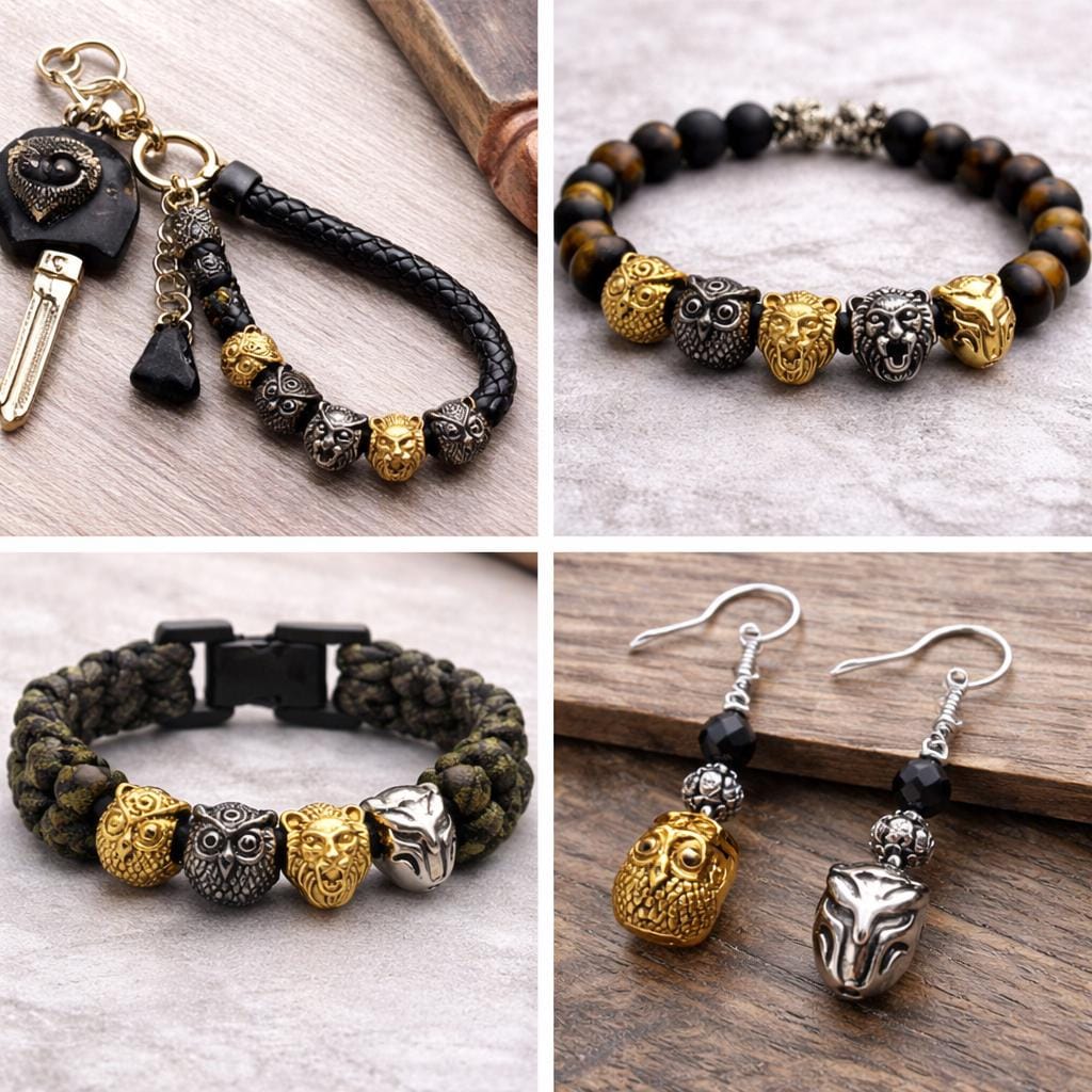 Steel Bead Owl Lion Iron Man: Gold Silver Gunmetal Charms, Stainless Steel, Durable Metal Beads | Unisex Set, 3 Pieces