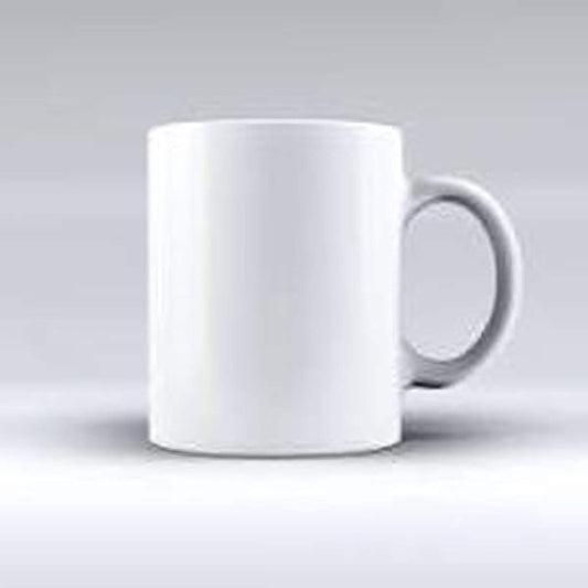 A plain white ceramic mug with a simple handle.