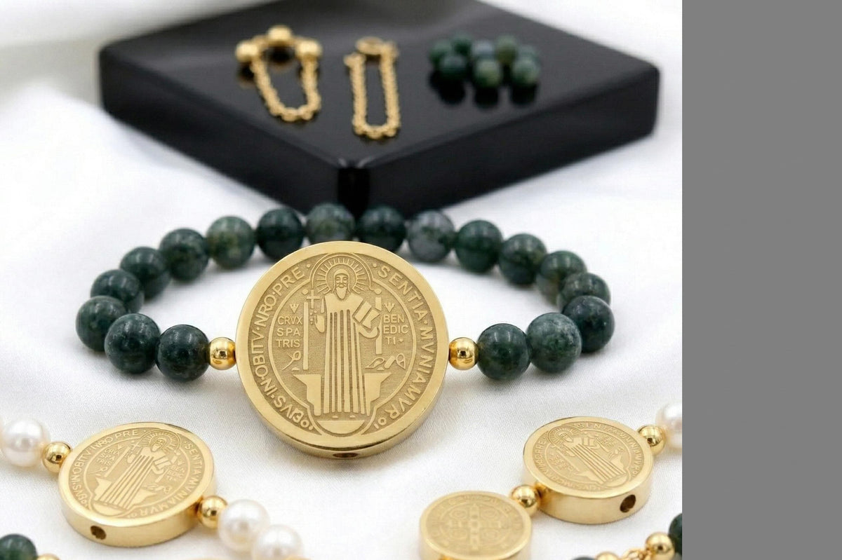 Saint Benedict Gold Slider Beads, Faith Symbol Charms (10mm & 15mm, Gold Stainless Steel, Durable for Bracelets)