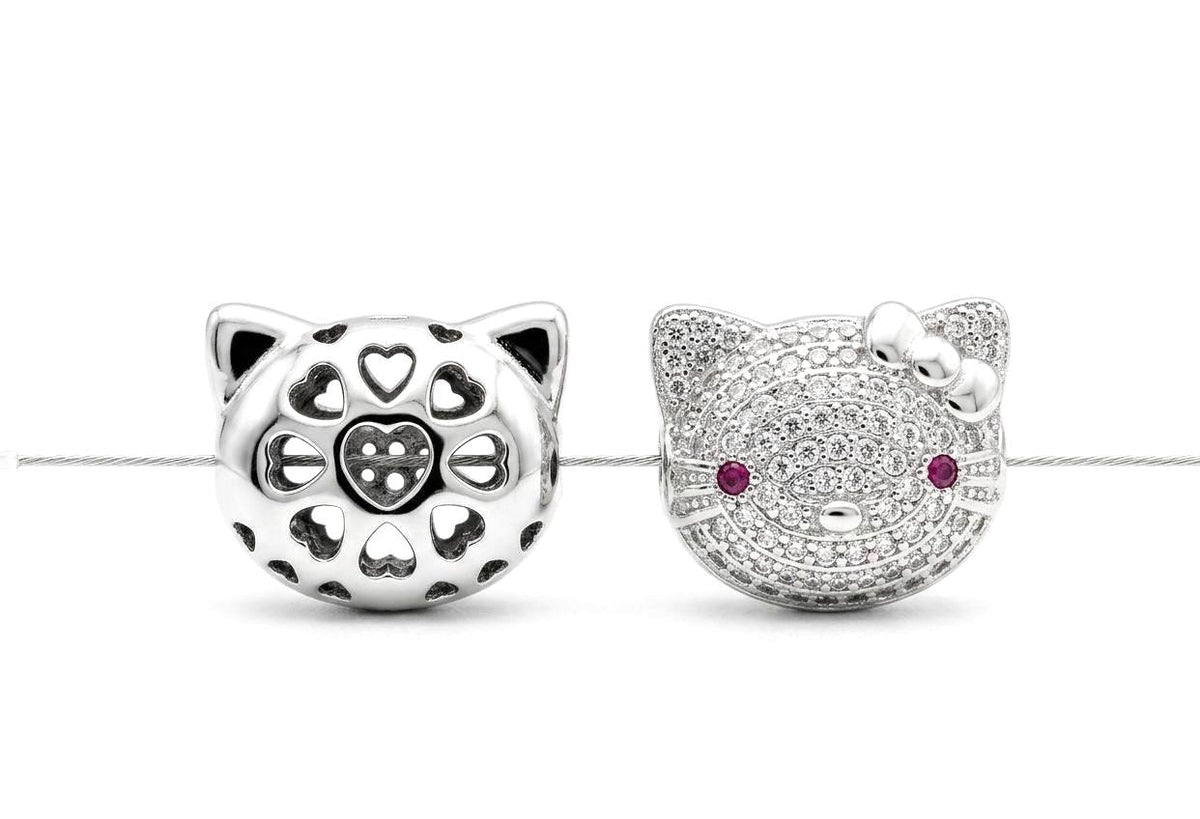 Cat Micro Pave Rhodium Spacer Beads: Clear CZ Stones with Red Eye Accent (13x15.5mm, Tarnish Resistant, )