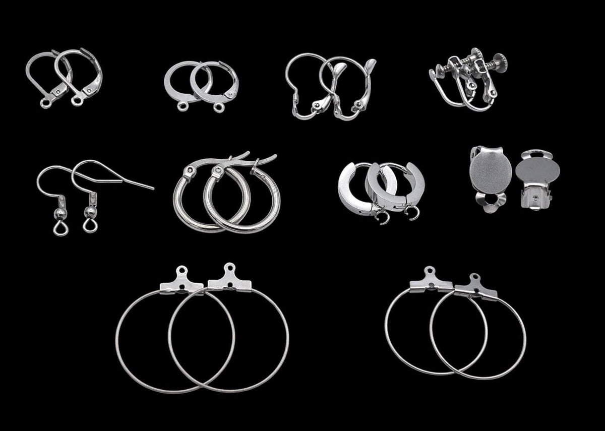 Lever back hooks and assorted stainless steel earring findings in silver tone for jewelry making