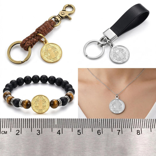St Benedict Medal Charms Catholic Pendants, Double-Sided Protection (Gold & Silver Tone, 20mm, Lead-Free Stainless Steel)