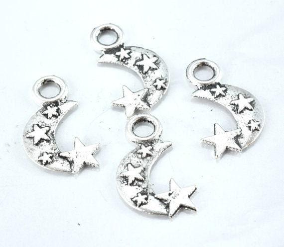 19m Antique Silver Moon Stars Pendant Charm Black accent detailed coloring 3mm Closed loop 25pcs/PK 1mm thickness