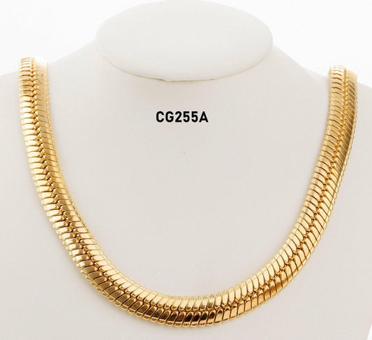 A gold necklace with a long, continuous chain design.