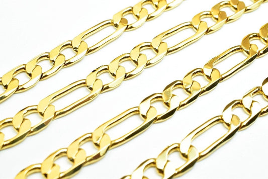 a close-up view of several gold-colored chain links arranged in a row.