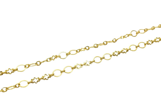 a close-up view of a gold-colored chain with a repeating pattern of circular links and star-shaped embellishments.