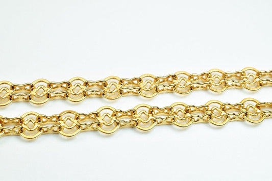 A close-up view of a gold chain with a repeating pattern of interlocking circles.
