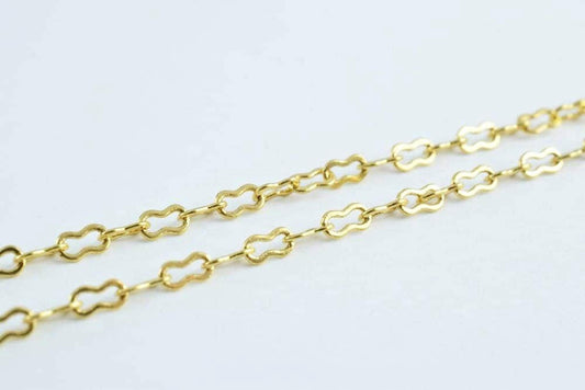 A close-up image of a gold chain with interlocking links, showcasing the intricate design and craftsmanship of the jewelry piece.