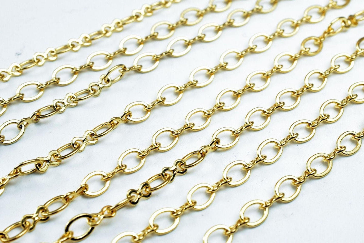 A close-up image of several gold-colored metal chains arranged in a repeating pattern.