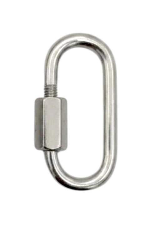 An oval and a rectangle jewelry chain lock lying horizontally, showcasing the smooth silver finish and threaded closure.