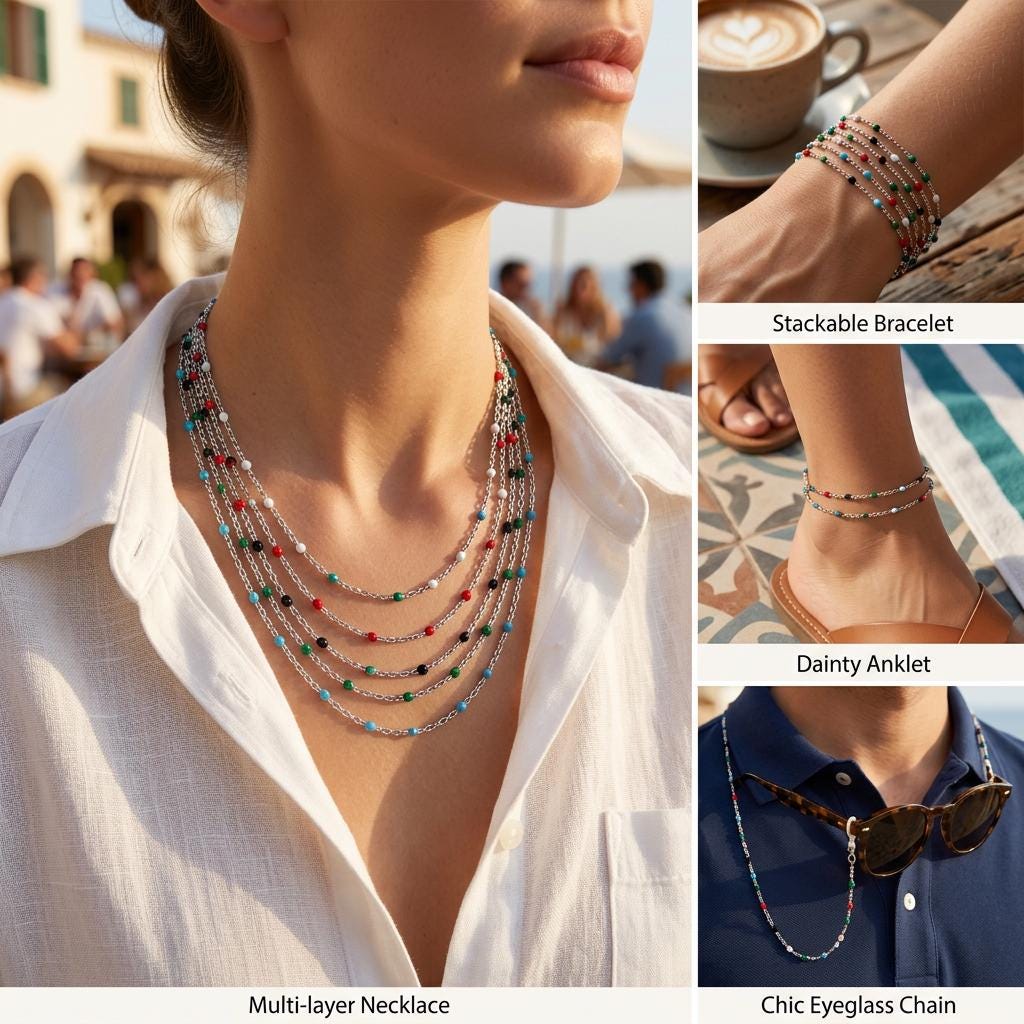 All five color options (red, blue, white, green, black) displayed together on a jewelry card to show the vibrant color palette.