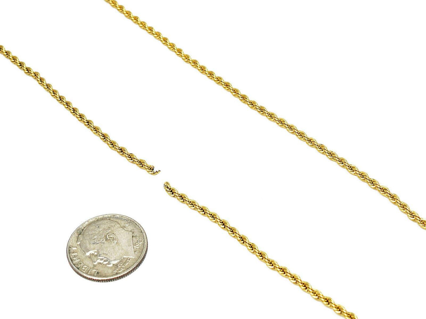 a gold chain necklace and a US quarter coin, with the chain appearing to be longer than the coin.