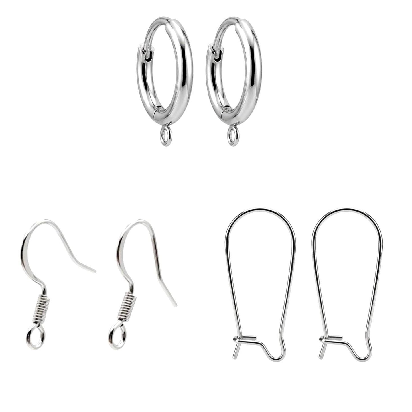 Three pairs of hypoallergenic silver stainless steel hoop huggie earrings with small attachment loops, displayed neatly on a white background.
