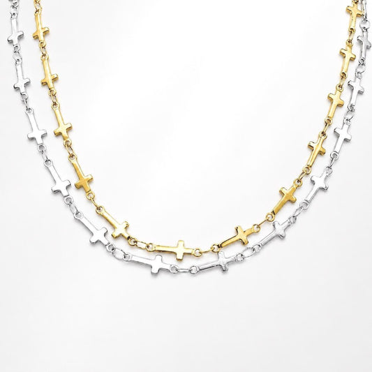Stainless steel rosary-style link chain with repeating cross connectors in gold and silver finishes