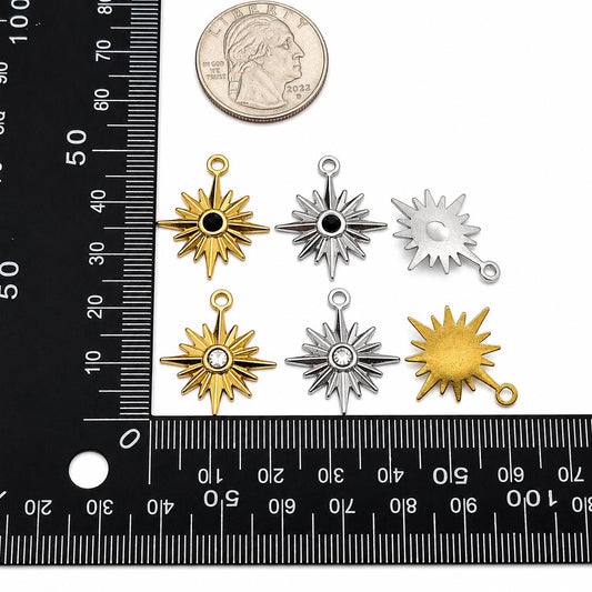 Stainless steel sunburst pendant charms sold in 5 pieces per bag for jewelry making