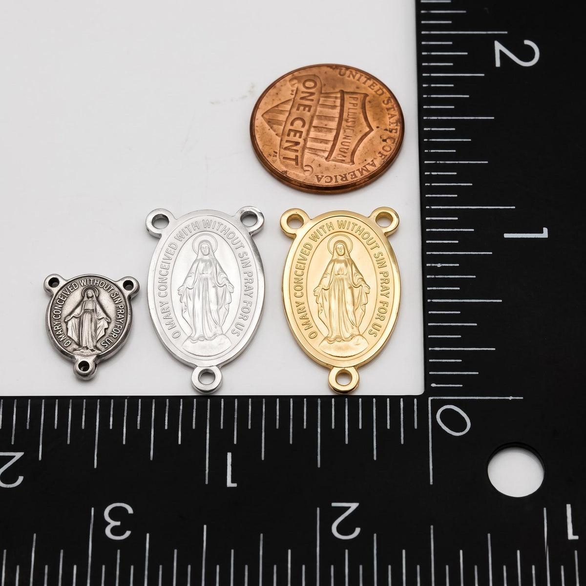 Silver Stainless Steel or PVD Gold Stainless Steel Virgin Mary Rosary Centers, 3 or 15 Pieces, 3-Loop Connectors