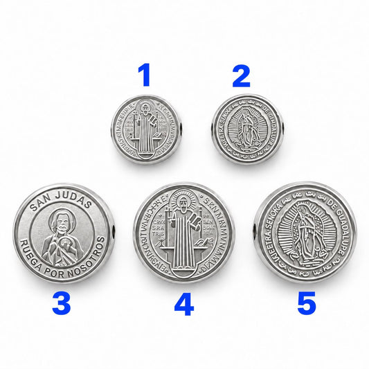 Stainless Steel Religious Coin Slider Beads, St Benedict San Judas Virgin of Guadalupe Spacer Beads for DIY Rosary Bracelet Jewelry Making