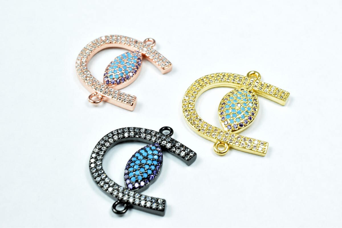 Horse Shoe Evil Eye Micro Pave CZ Rhinestone Connector Beads High Quality Horizontal Hole 3 Colors