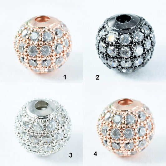 Pave CZ Rhinestone Beads 8mm High Quality 2mm Large Hole Round Bead 4 Colors