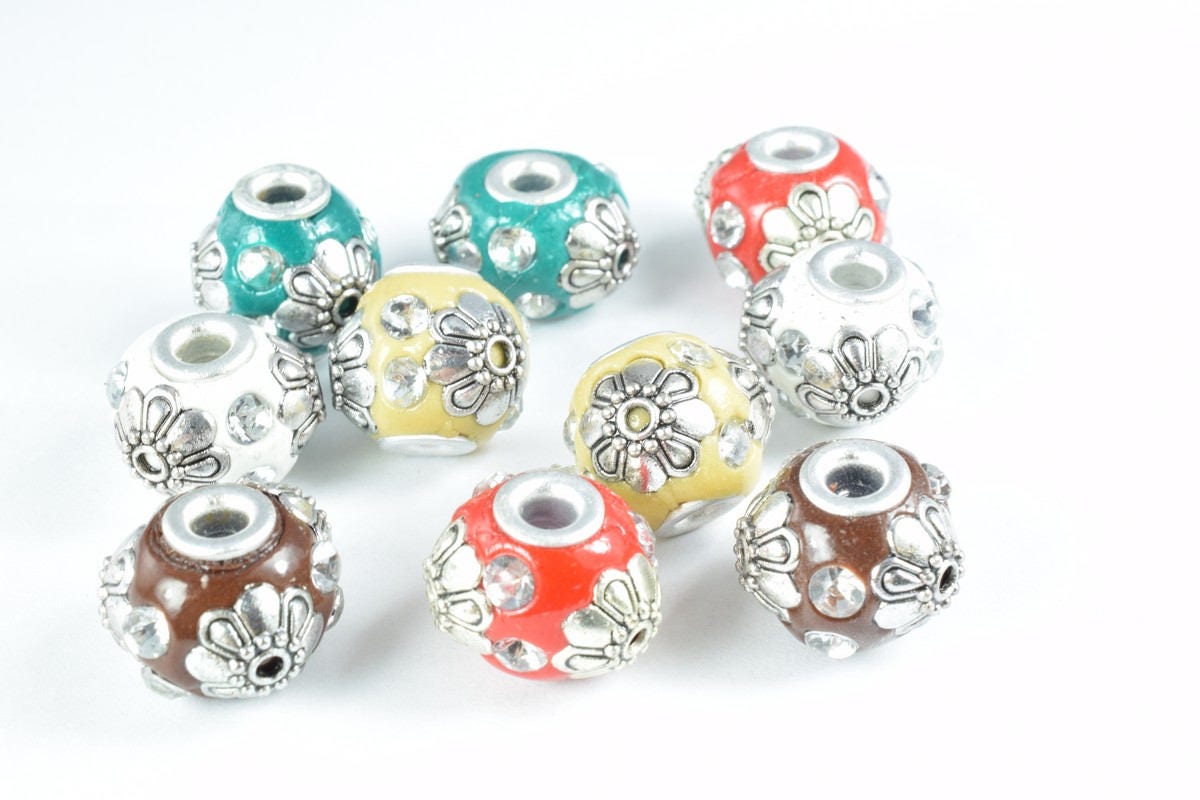 Indonesian Kashmir Clay Beads Handmade Beads 8 PCs, Bohemian Bali Style Jewelry Making Decorative Round Beads, Studded Beads