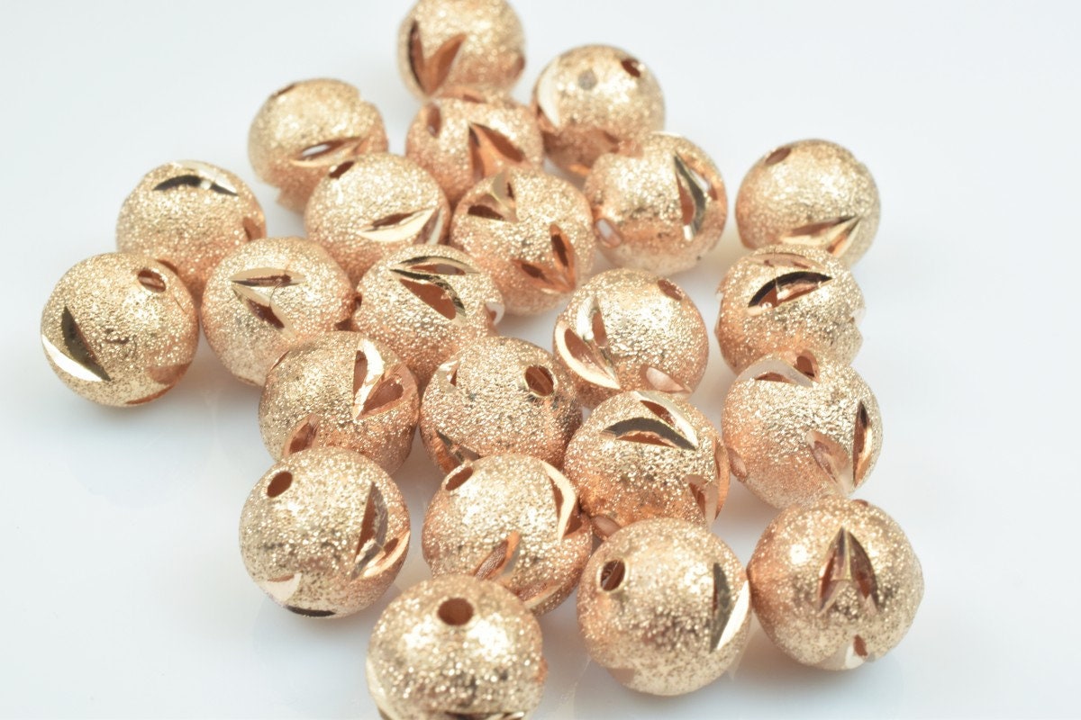 100 PCs Rose Gold Plated Carved Round Beads 6mm/8mm/10mm Diamond Cut For Jewelry Making