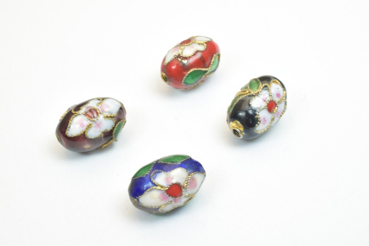 4 PCs Mixed Oval Flower Cloisonne Pendant Spacer Beads Size 15x10mm Thickness 10mm Hole Size 1mm Enamel Design Charm For Jewelry Making