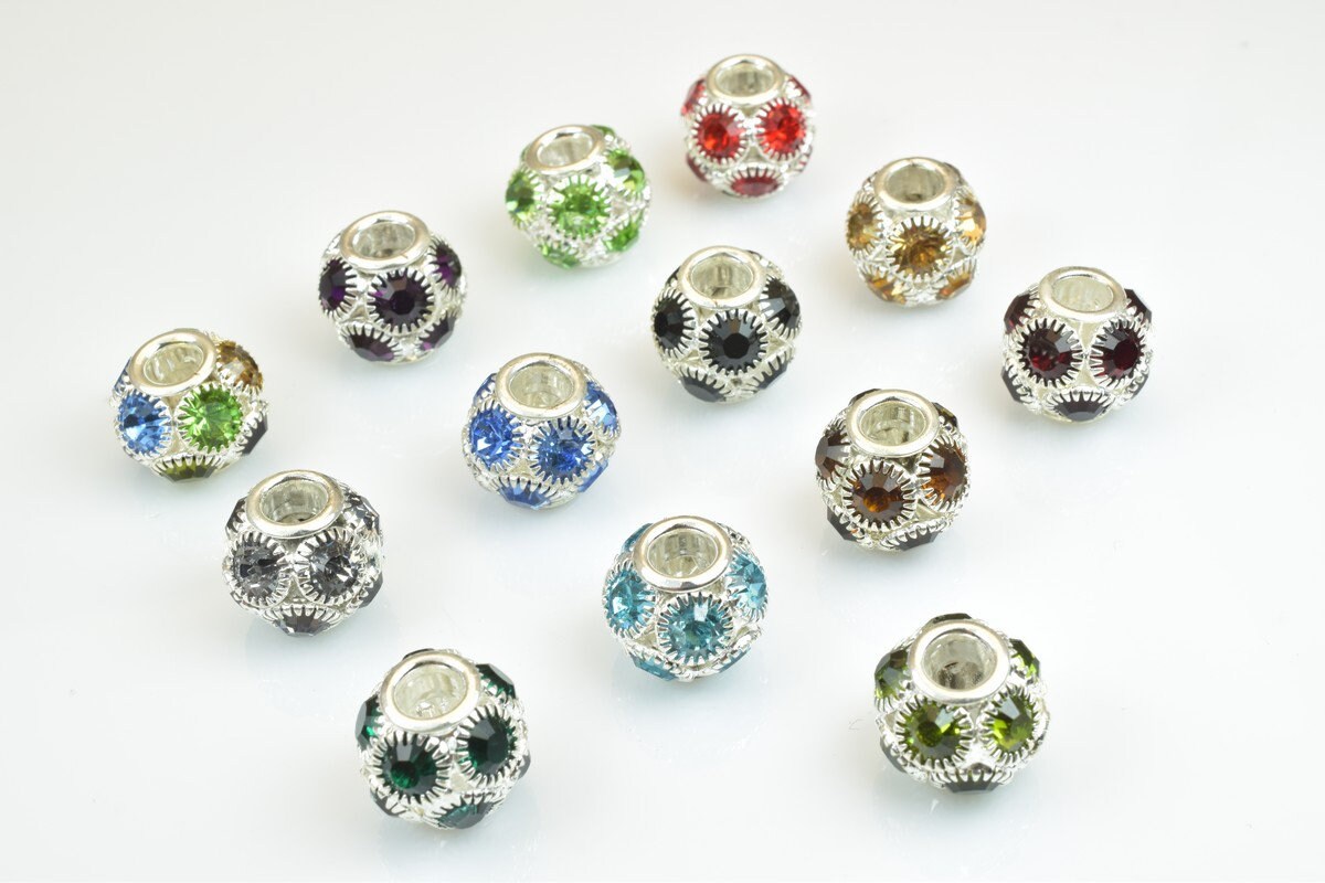 4 PCs Rhinestone Round Ball Beads with Big Hole Silver Size 13mm Hole Size 5mm For European Style Bracelet Or Necklace For Jewelry Making