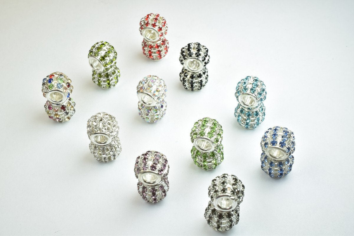 4 PCs Rhinestone Round Ball Beads with Big Hole Silver Size 12x11mm Hole Size 5mm For European Style Bracelet Or Necklace For Jewelry Making