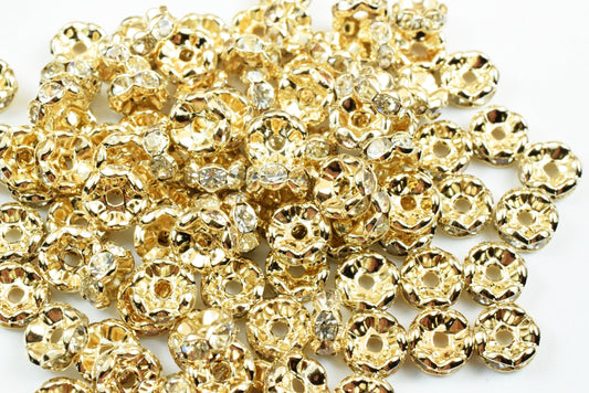 25 PCs 14K Gold Filled Roundel Spacer Beads, Clear Rhinestone, Size 7mm Flower Spacer Findings Jewelry USA Seller Etsy