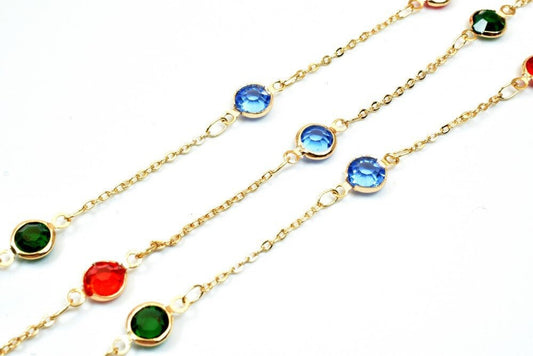 3 Feet 18K Pinky Gold Filled Beaded Chain, Crimpable Chain With Rhinestone Width 7mm Thickness 3mm Gold-Filled finding Jewelry Making PGF33 - BeadsFindingDepot
