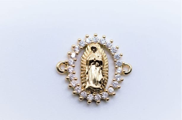 Virgen de Guadalupe-Virgin Guadalupe Connector 18K Gold Plated Size 17x16mm Micro Pave Beads Charm with Clear CZ Cubic Zirconia