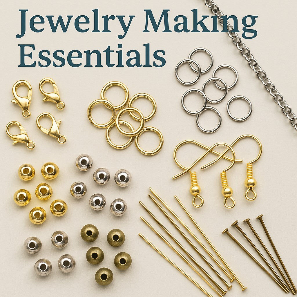 Everyday jewelry-making essentials: jump rings, clasps, crimps, ear wires, chains, spacers and more in gold, silver, stainless steel and other finishes. Perfect for restocking your basic supplies.