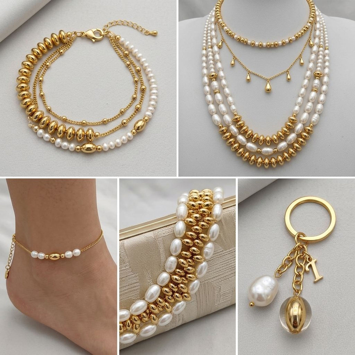 The image is a collage of five photos showcasing various gold and pearl jewelry pieces, including necklaces, bracelets, and ankle bracelets.