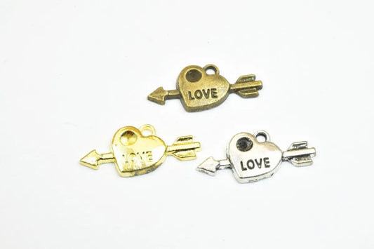 14 PCs Love Heart Charm Beads 3 Colors Alloy Metal Size 9x21mm Decorative Design Metal Beads 1.5mm JumpRing Opening for Jewelry Making - BeadsFindingDepot