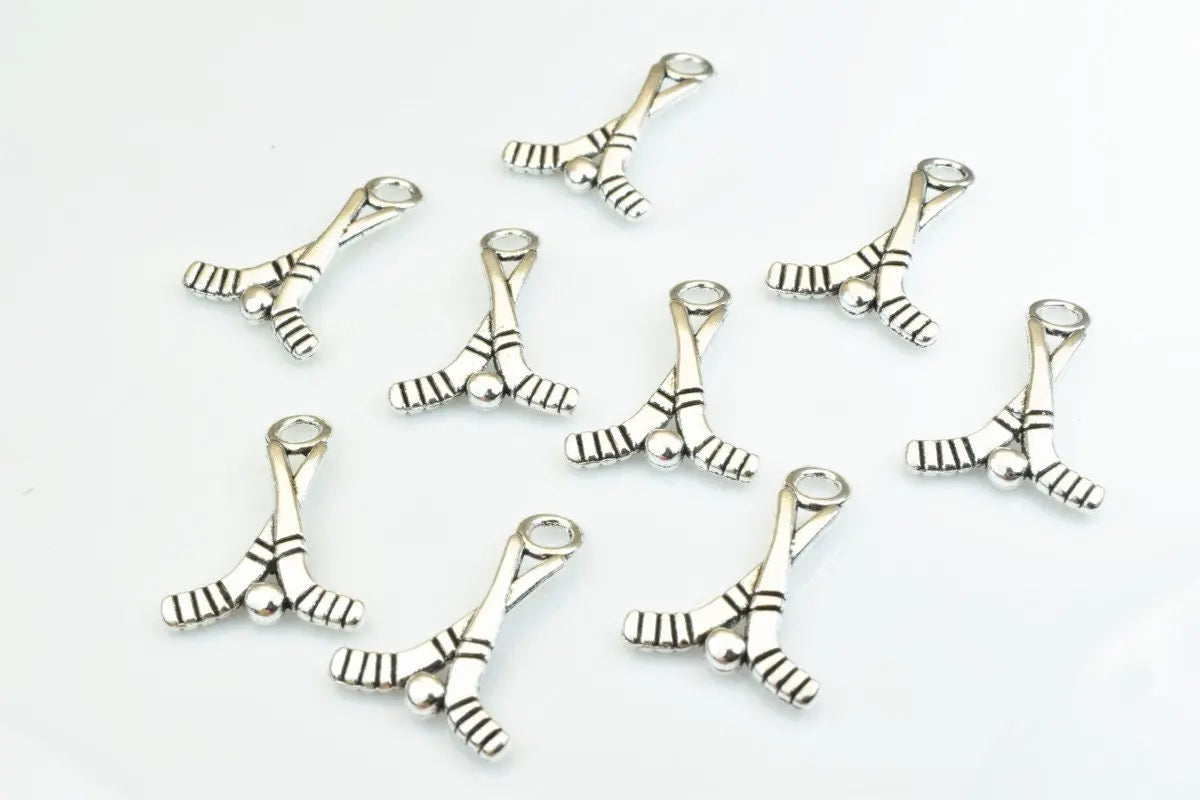 15 PCs Hooke Sticks With Ball Sport Charms Alloy Antique Silver Size 22x16mm Jump Ring Size 3mm For Jewelry Making - BeadsFindingDepot