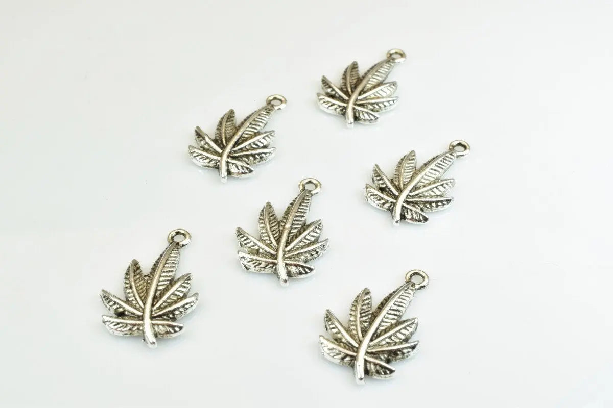 15 PCs Marijuana Leaf Charms Alloy Antique Silver Size 23x15mm Jump Ring Size 2mm For Jewelry Making - BeadsFindingDepot