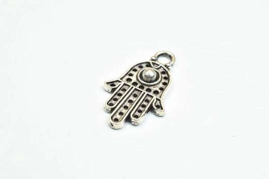 16 PCs Silver Alloy Hamsa Hand Charm Beads Antique Silver Size 20x12mm Decorative Design Metal Beads 3mm JumpRing Opening for Jewelry Making - BeadsFindingDepot