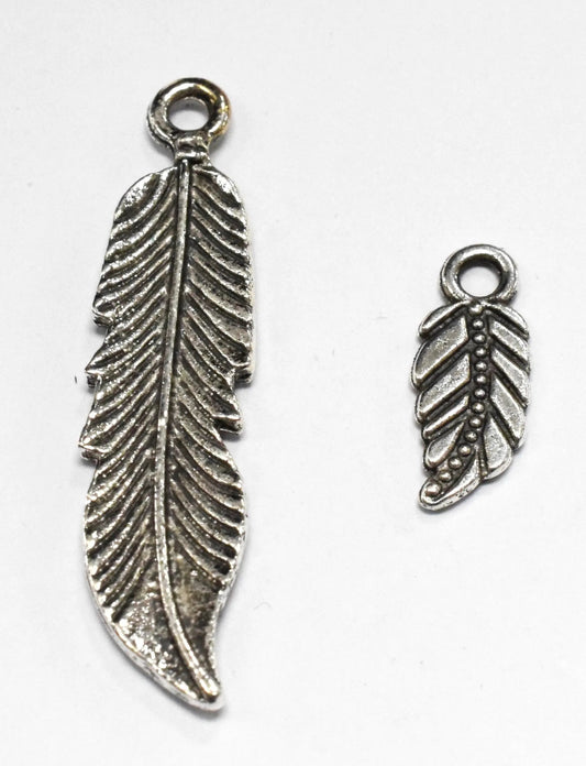 Silver feather pendant charms for jewelry making.