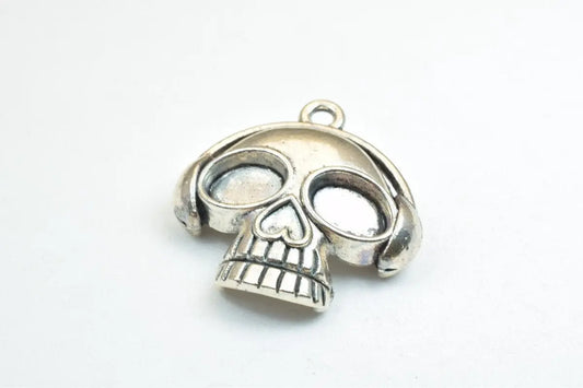 2 PCs Skull Silver Alloy Beads Antique Silver Alloy Metal Bracelets Charm Pendant Size 33x31mm Jump Ring Size 2mm For Jewelry Making - BeadsFindingDepot