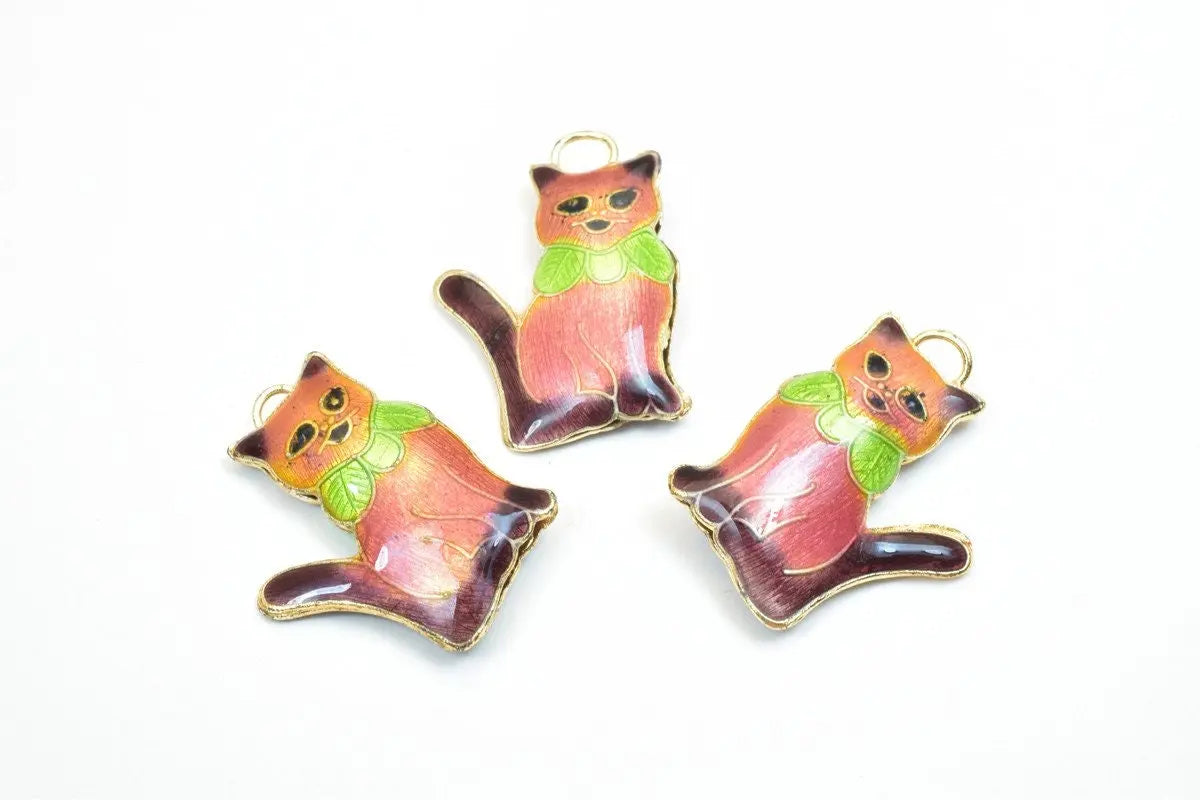 3 PCs Cat Cloisonne Pendant Animal Beads Size 27.5x20mm Thickness 5mm Enamel Design Sweater Chain Charm For Jewelry Making - BeadsFindingDepot