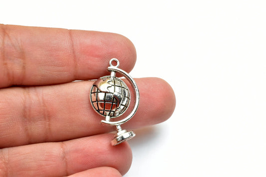 4 PCs World Globe Map Stand Charm Size 28x17mm Silver Color Charm Pendant Finding For Jewelry Making - BeadsFindingDepot