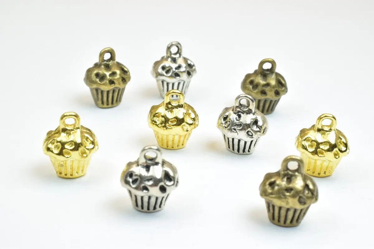 6 PCs Silver Alloy Cup Cake Charm Beads Antique Silver Size 13x10x8mm Decorative Design Metal Beads 3mm JumpRing Opening for Jewelry Making - BeadsFindingDepot