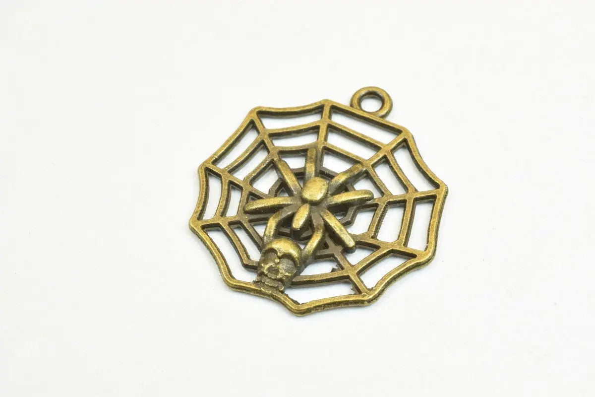 6 PCs Spider Skull Web Pendant Antique Green Charm Beads Alloy Metal Bracelets Pendant Size 30x27mm Jump Ring Size 2mm For Jewelry Making - BeadsFindingDepot
