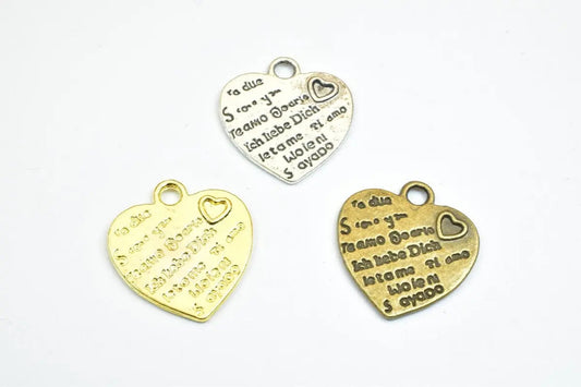 8 PCs I Love You Ti Amo Heart 3 Colors Charm Beads Alloy Metal Bracelets Pendant Size 21x19mm Jump Ring Size 2mm For Jewelry Making - BeadsFindingDepot