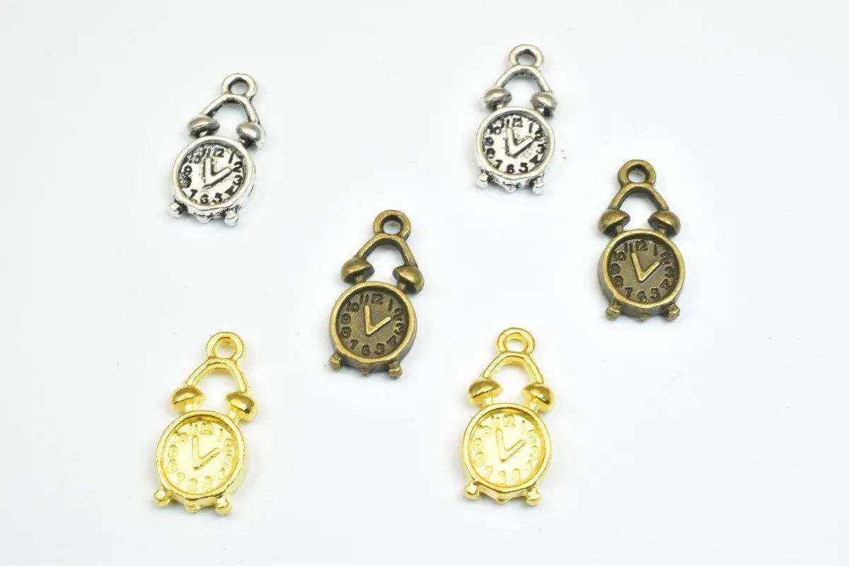 12 PCs Alarm Clock Watch Gold/Antique Silver/Antique Green Alloy Charm Beads Size 18.5x9mm Beads 1.5mm JumpRing Size for Jewelry Making - BeadsFindingDepot