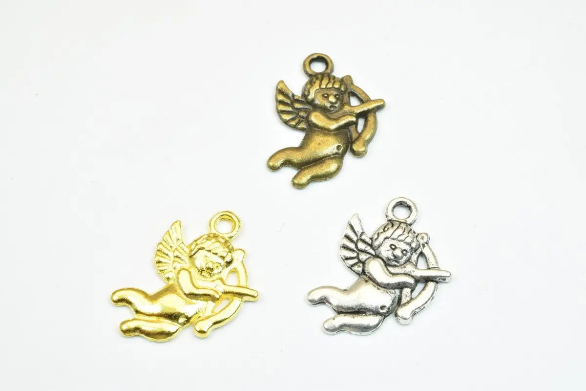 8PCs Cupid Cherub Love Angel Charm Gold/Antique Silver/Antique Green Alloy Metal Size 19.5x16mm Decorative Beads 2mm JumpRing Jewelry Making - BeadsFindingDepot