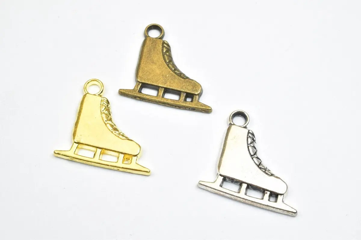 8 PCs Ice Skates Sport Charm Pendant Beads Gold/Antique Silver Alloy Metal Size 19x19mm Decorative Design 2mm JumpRing For Jewelry Making - BeadsFindingDepot